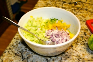 Add onion, cucumber, cilantro and cumin and mix everything together.
