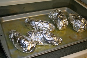 Bake your sweet potatoes ahead of time. Approx 1 hour at 350 degrees.