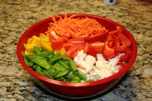 Cut all veggies into bite-sized pieces and mix together in a large bowl.