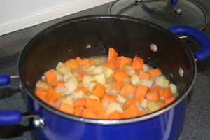 Add the potatoes and cook on medium heat until potatoes are tender--approx 20 minutes.